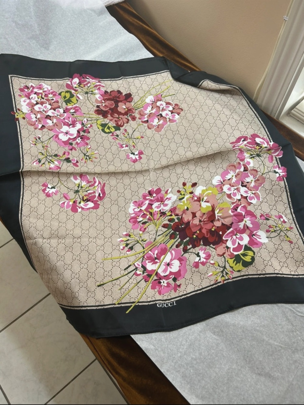 Gucci Pink Floral Silk Scarf with Black Border